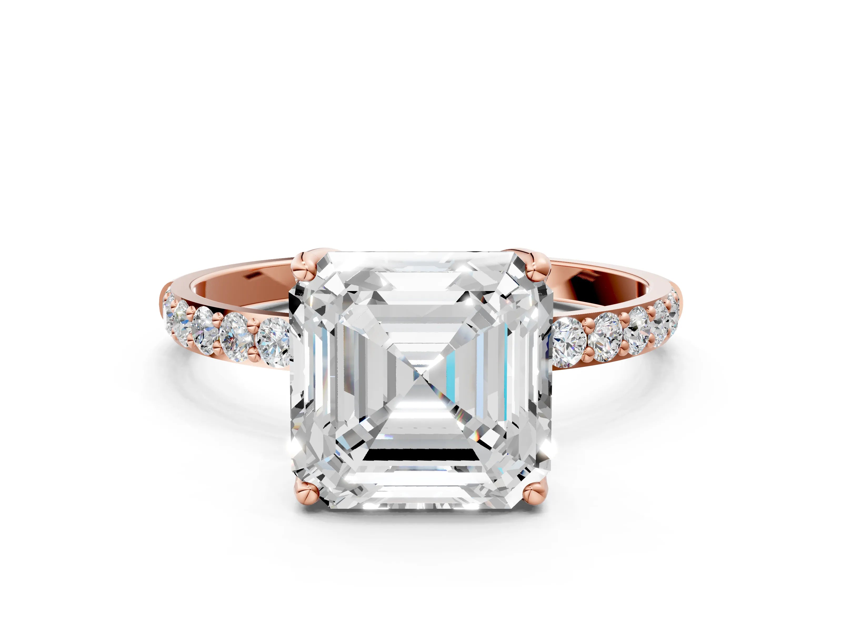 Rose gold Asscher Cut Diamond Solitaire Engagement Ring with Round with Moissanite side stone Pavé Band and Prong Setting