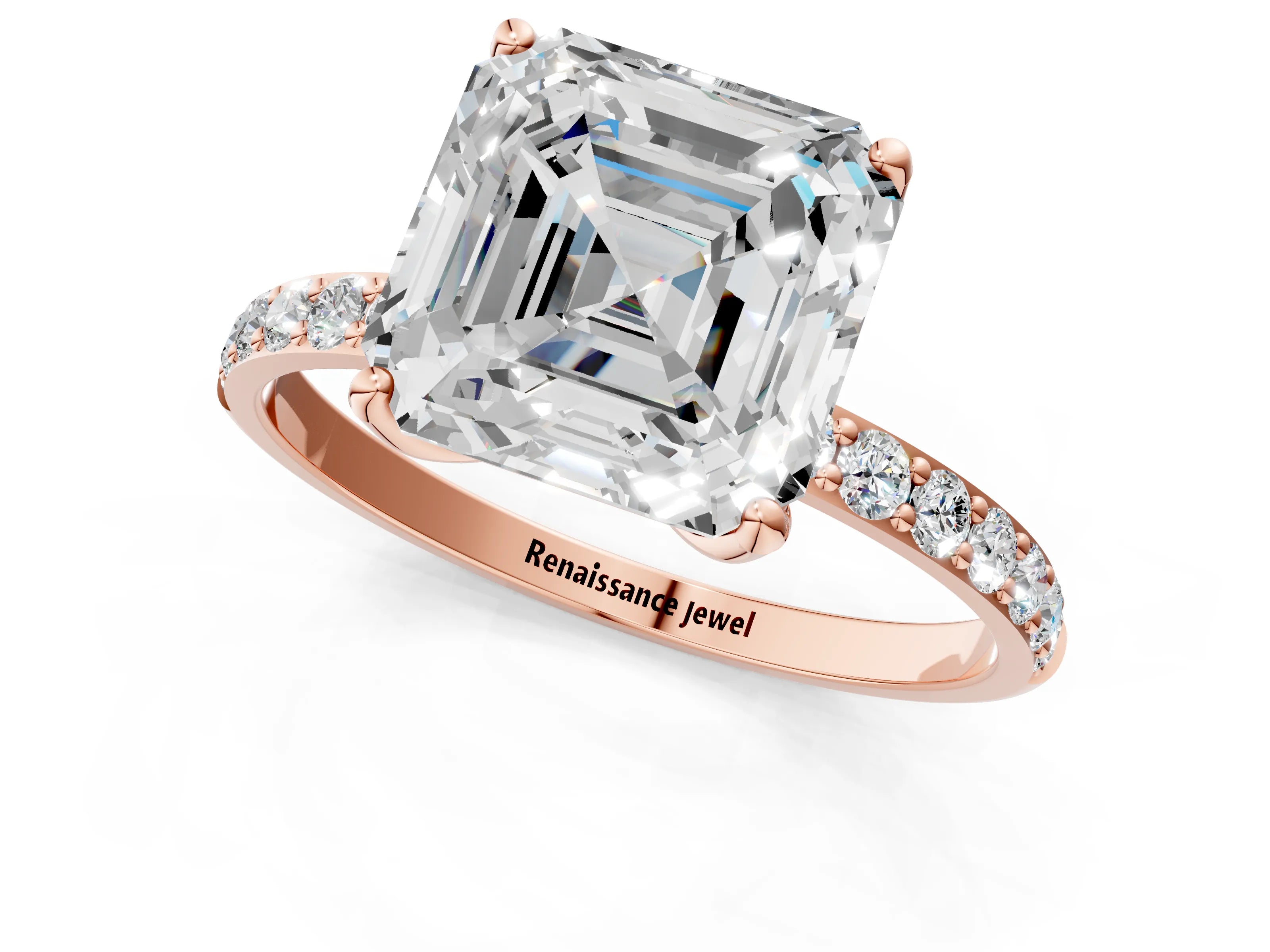 Rose gold Asscher Cut Diamond Solitaire Engagement Ring with Round with Moissanite side stone Pavé Band and Prong Setting_1
