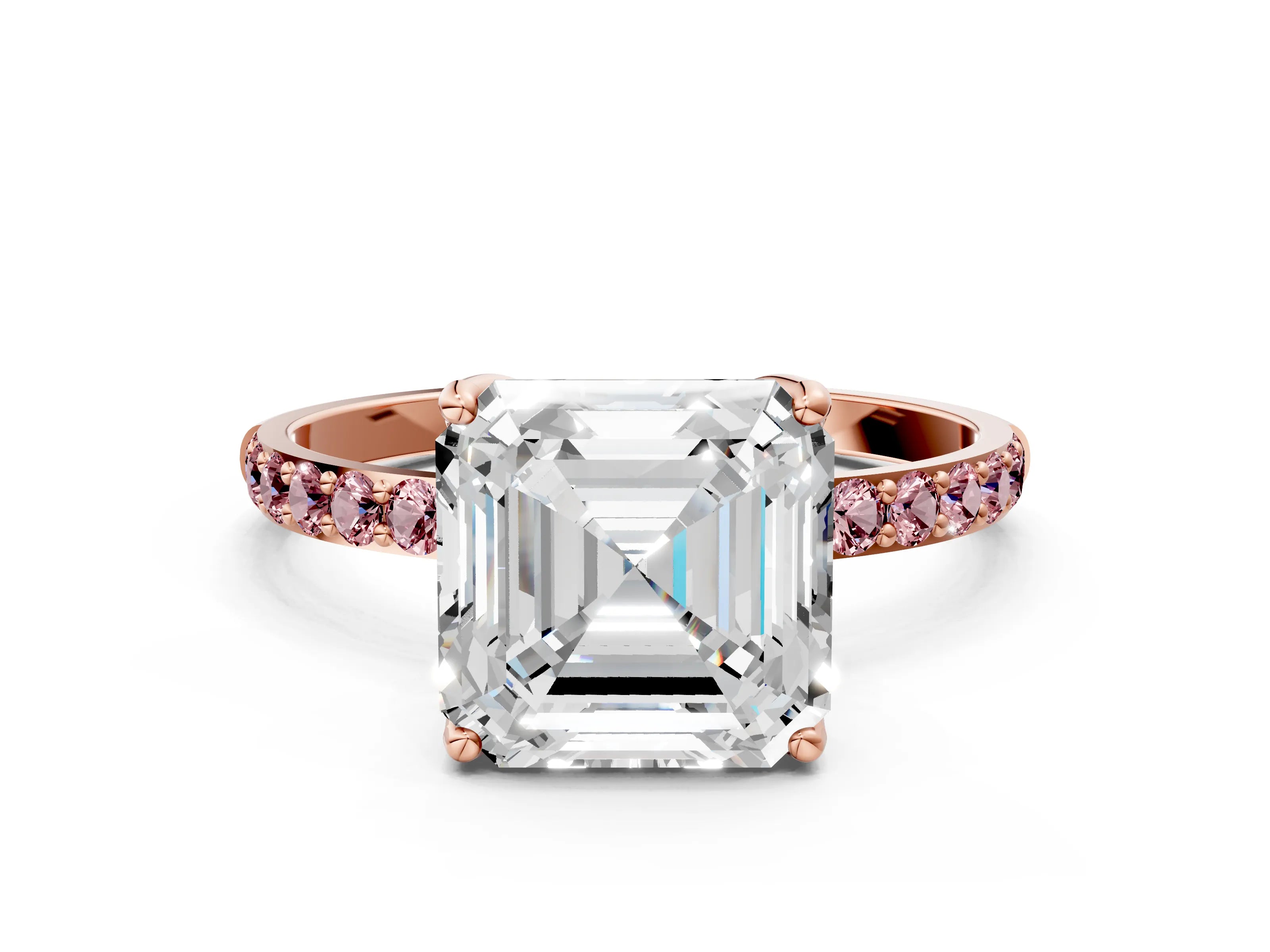 Rose gold Asscher Cut Diamond Solitaire Engagement Ring with Round with Morganite side stone Pavé Band and Prong Setting