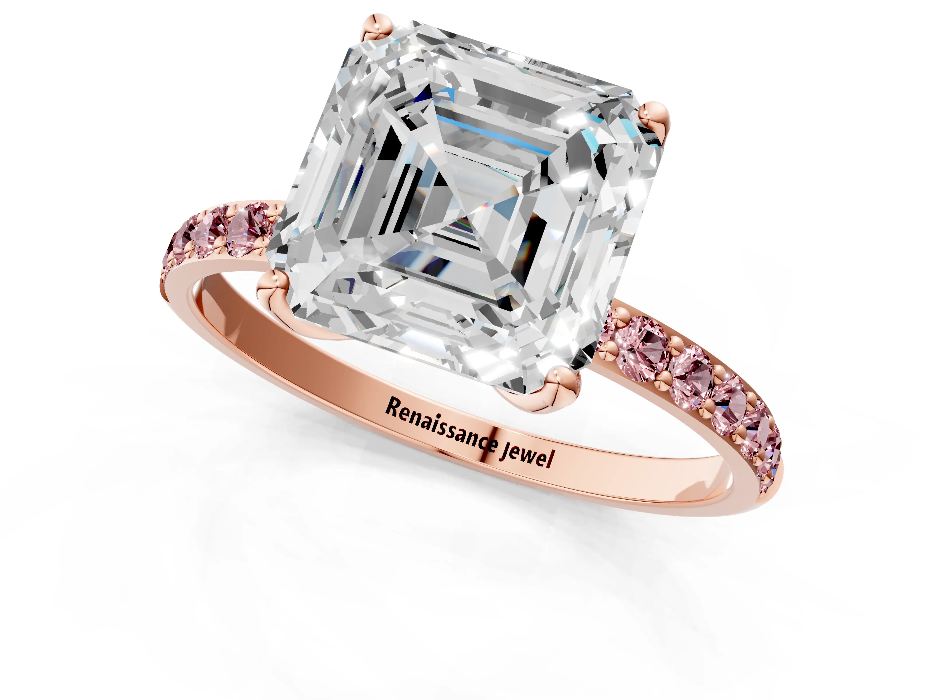 Rose gold Asscher Cut Diamond Solitaire Engagement Ring with Round with Morganite side stone Pavé Band and Prong Setting_1