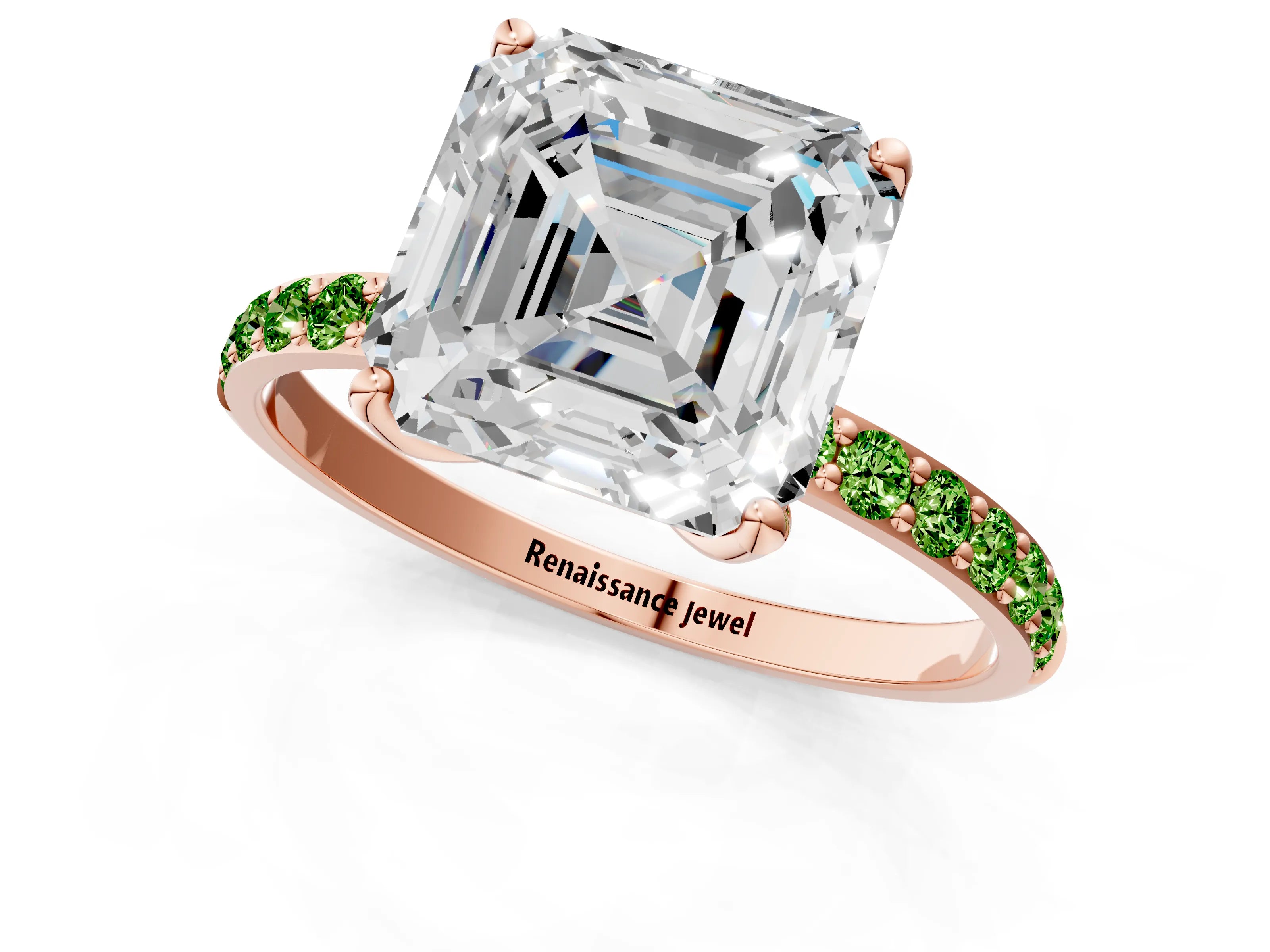 Rose gold Asscher Cut Diamond Solitaire Engagement Ring with Round with Peridot side stone Pavé Band and Prong Setting_1