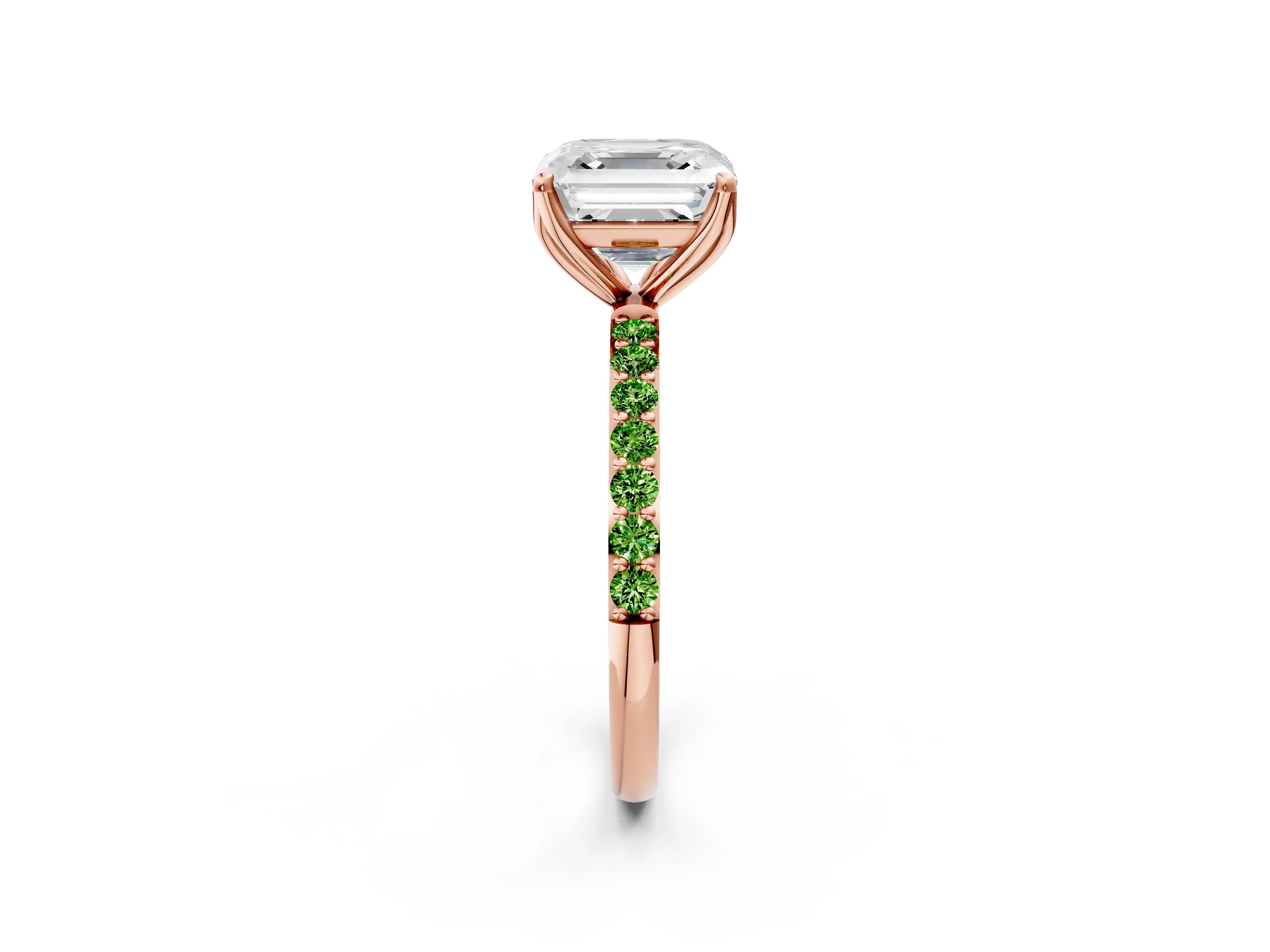 Rose gold Asscher Cut Diamond Solitaire Engagement Ring with Round with Peridot side stone Pavé Band and Prong Setting_2