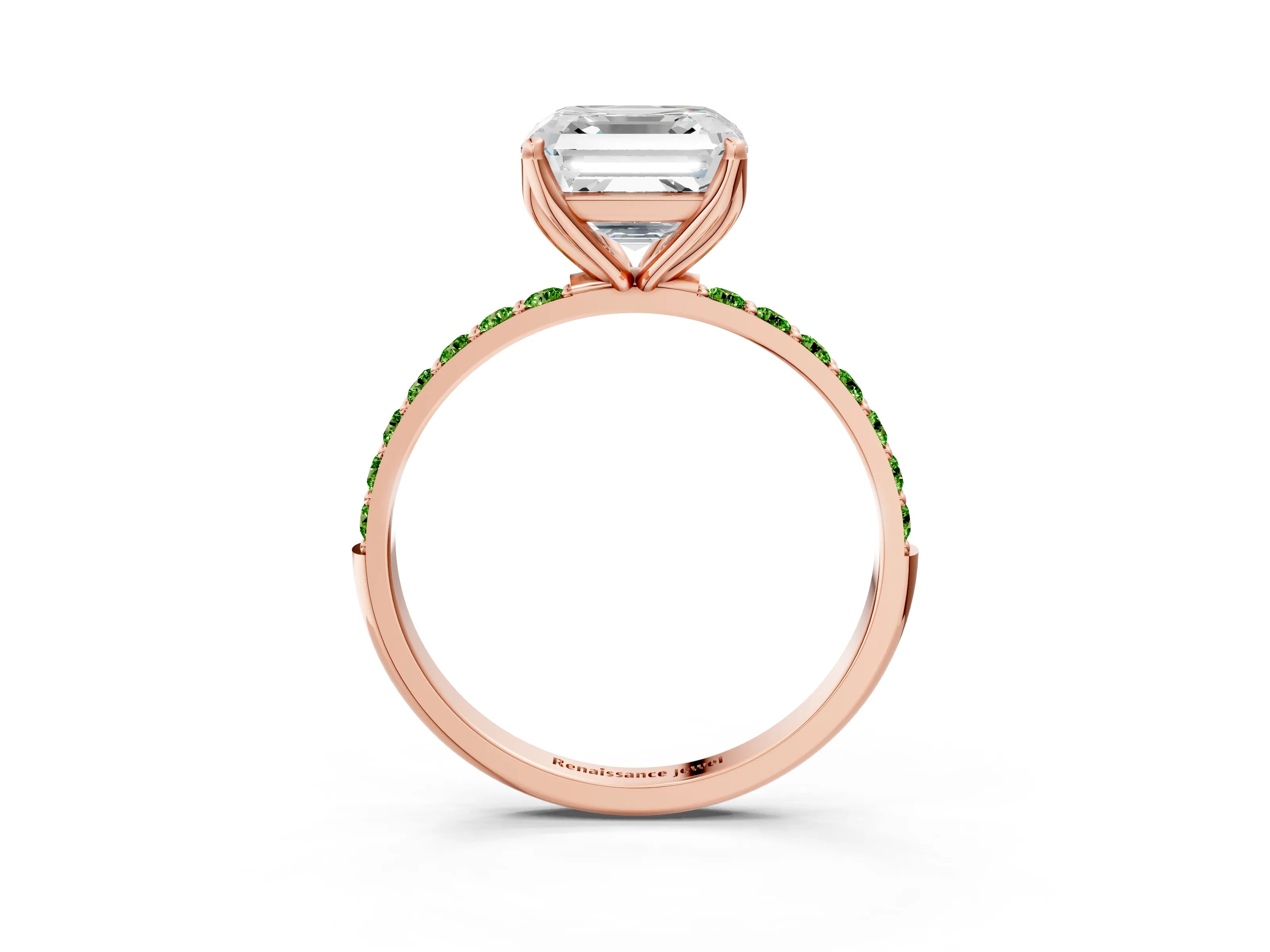 Rose gold Asscher Cut Diamond Solitaire Engagement Ring with Round with Peridot side stone Pavé Band and Prong Setting_3