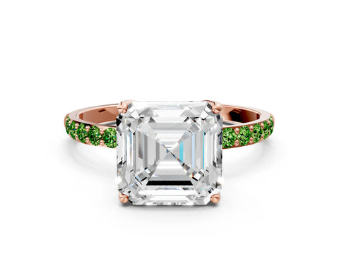 Rose gold Asscher Cut Diamond Solitaire Engagement Ring with Round with Peridot side stone Pavé Band and Prong Setting
