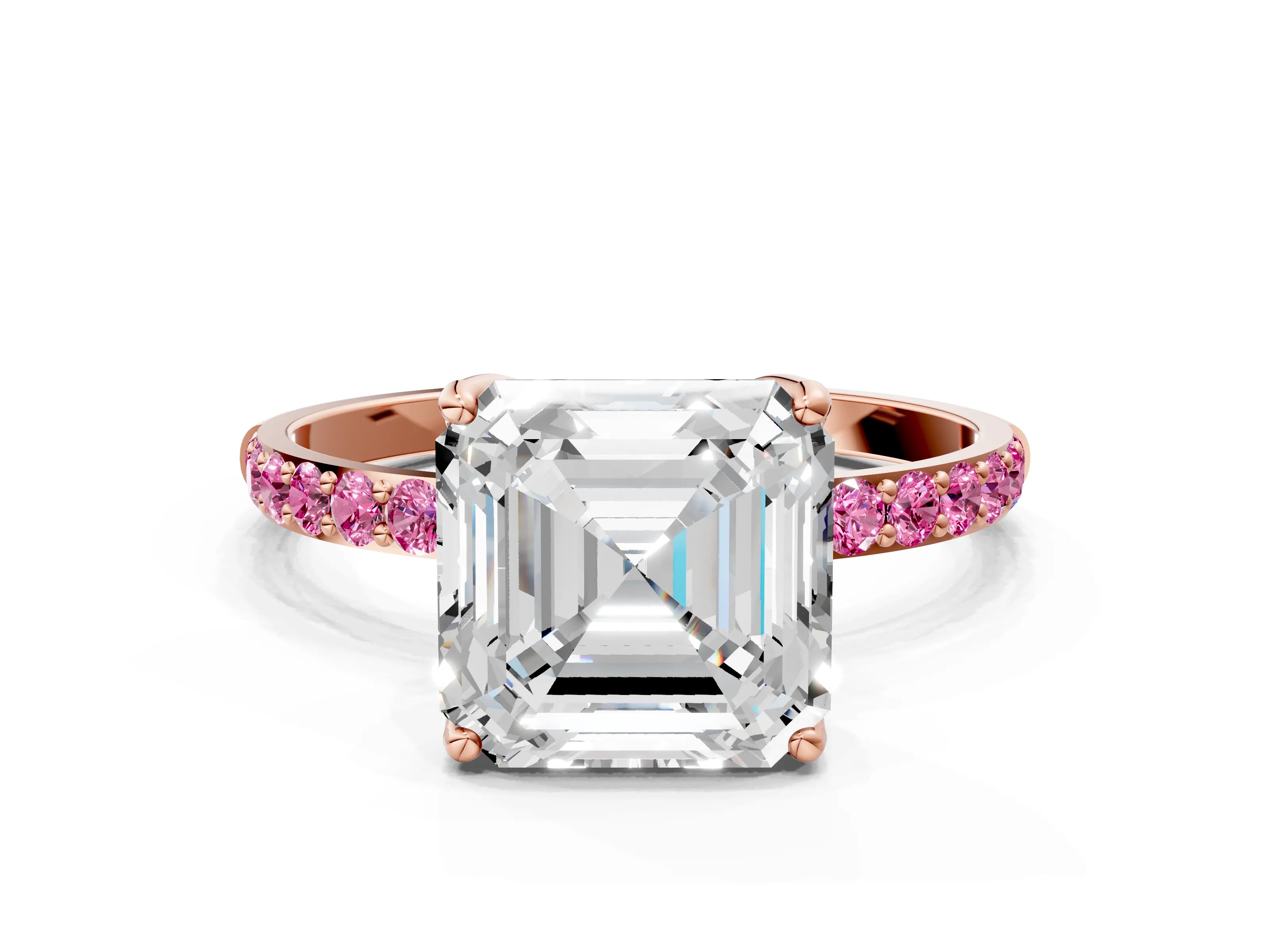 Rose gold Asscher Cut Diamond Solitaire Engagement Ring with Round with Pink Sapphire side stone Pavé Band and Prong Setting