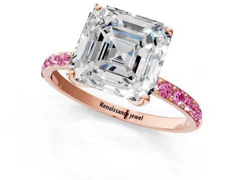 Rose gold Asscher Cut Diamond Solitaire Engagement Ring with Round with Pink Sapphire side stone Pavé Band and Prong Setting_1