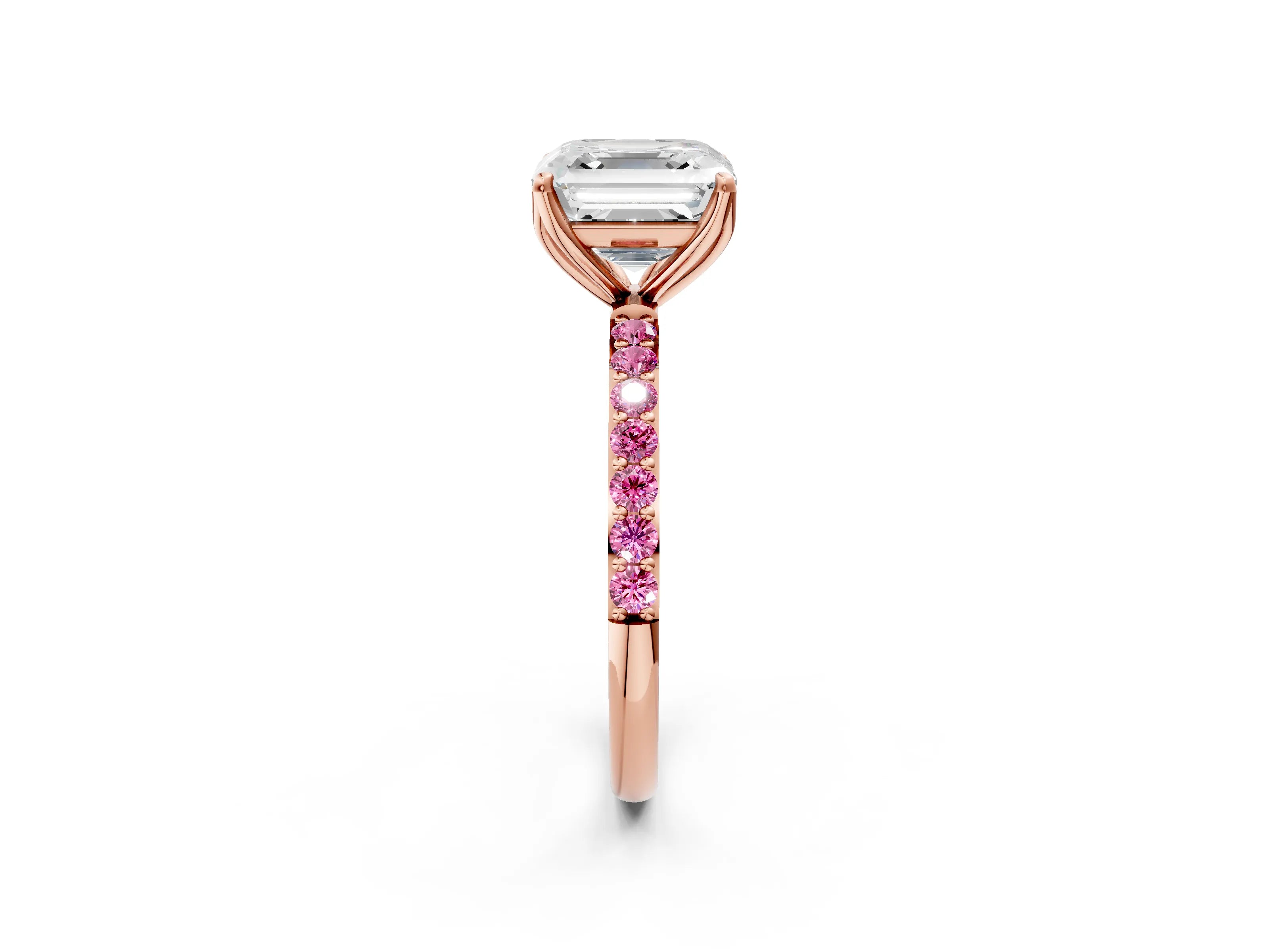Rose gold Asscher Cut Diamond Solitaire Engagement Ring with Round with Pink Sapphire side stone Pavé Band and Prong Setting_2