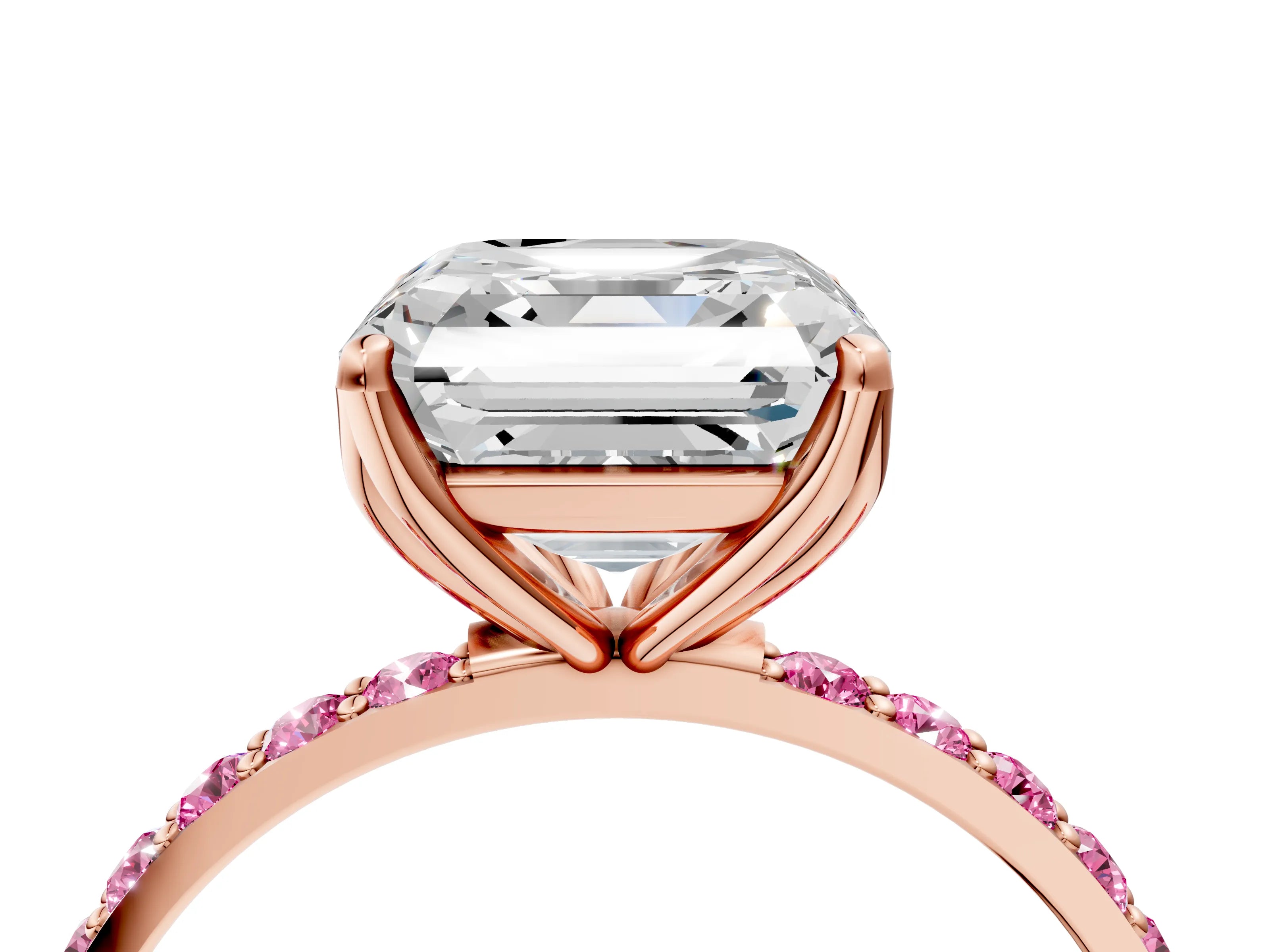 Rose gold Asscher Cut Diamond Solitaire Engagement Ring with Round with Pink Sapphire side stone Pavé Band and Prong Setting_4