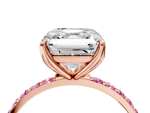 Rose gold Asscher Cut Diamond Solitaire Engagement Ring with Round with Pink Sapphire side stone Pavé Band and Prong Setting_4