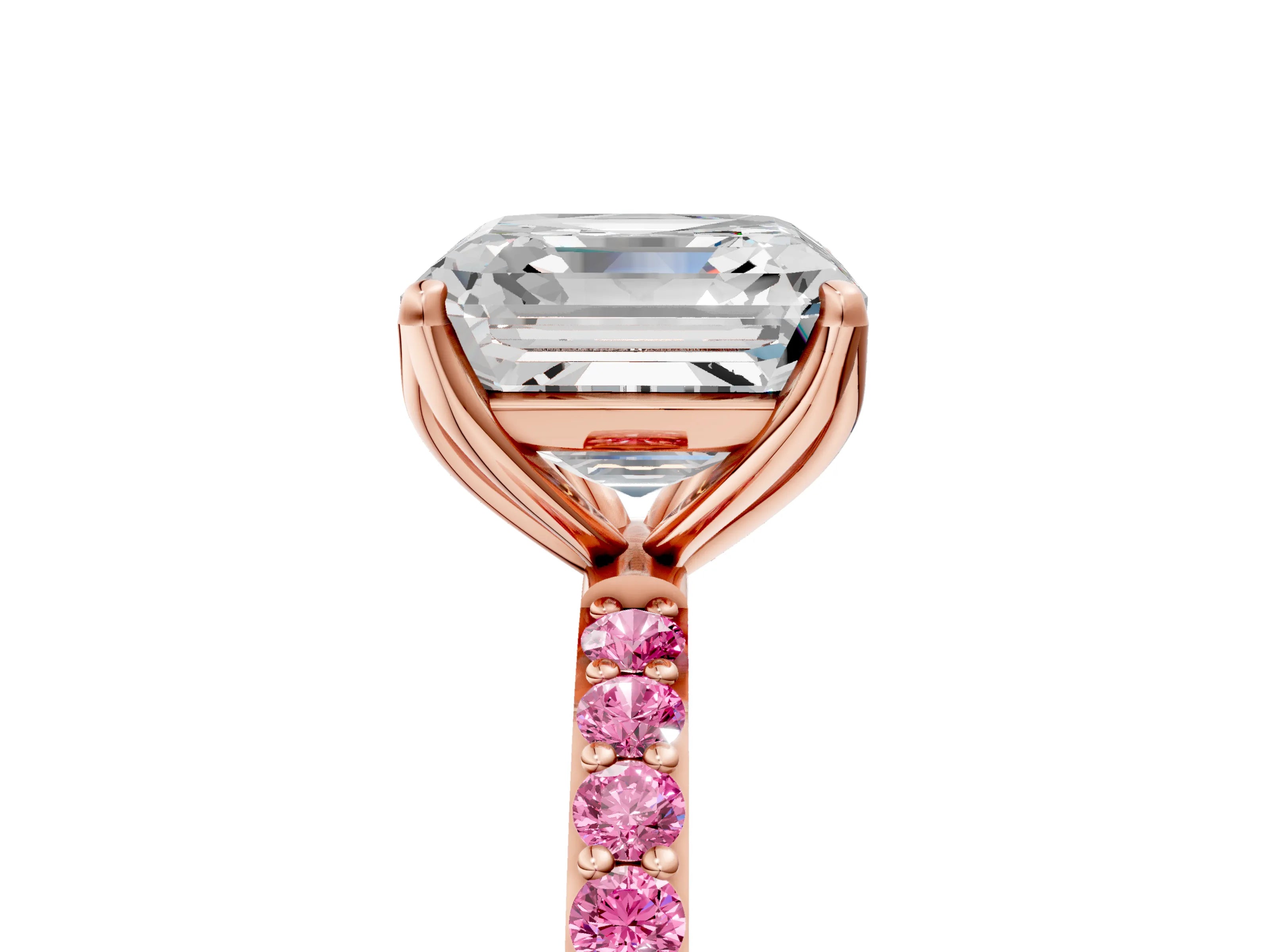 Rose gold Asscher Cut Diamond Solitaire Engagement Ring with Round with Pink Sapphire side stone Pavé Band and Prong Setting_5