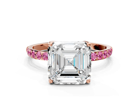 Rose gold Asscher Cut Diamond Solitaire Engagement Ring with Round with Pink Sapphire side stone Pavé Band and Prong Setting