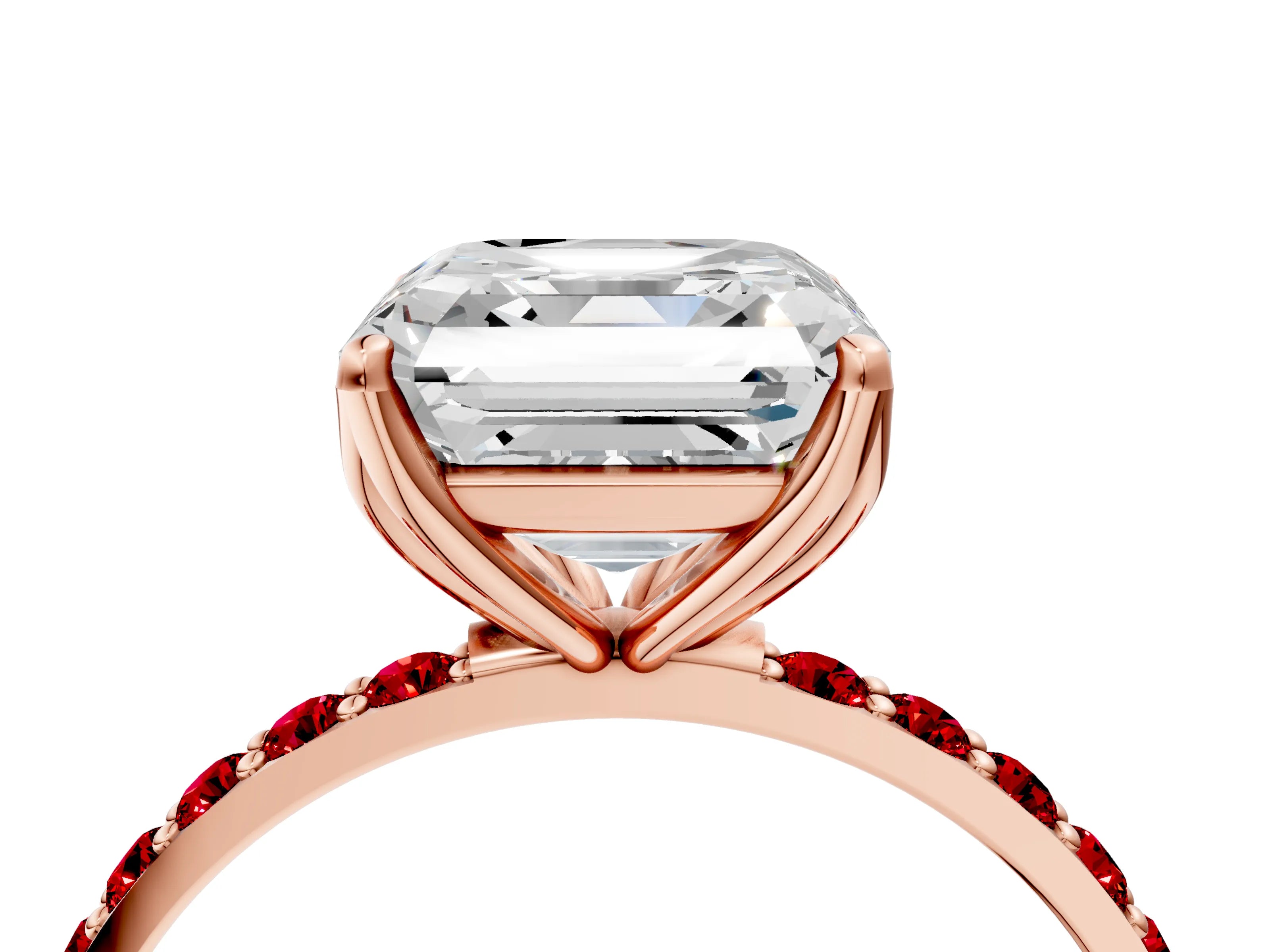 Rose gold Asscher Cut Diamond Solitaire Engagement Ring with Round with Ruby side stone Pavé Band and Prong Setting_4