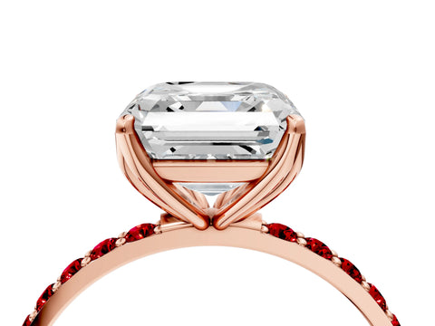 Rose gold Asscher Cut Diamond Solitaire Engagement Ring with Round with Ruby side stone Pavé Band and Prong Setting_4