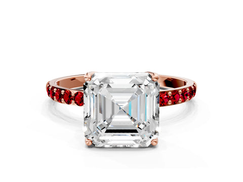 Rose gold Asscher Cut Diamond Solitaire Engagement Ring with Round with Ruby side stone Pavé Band and Prong Setting
