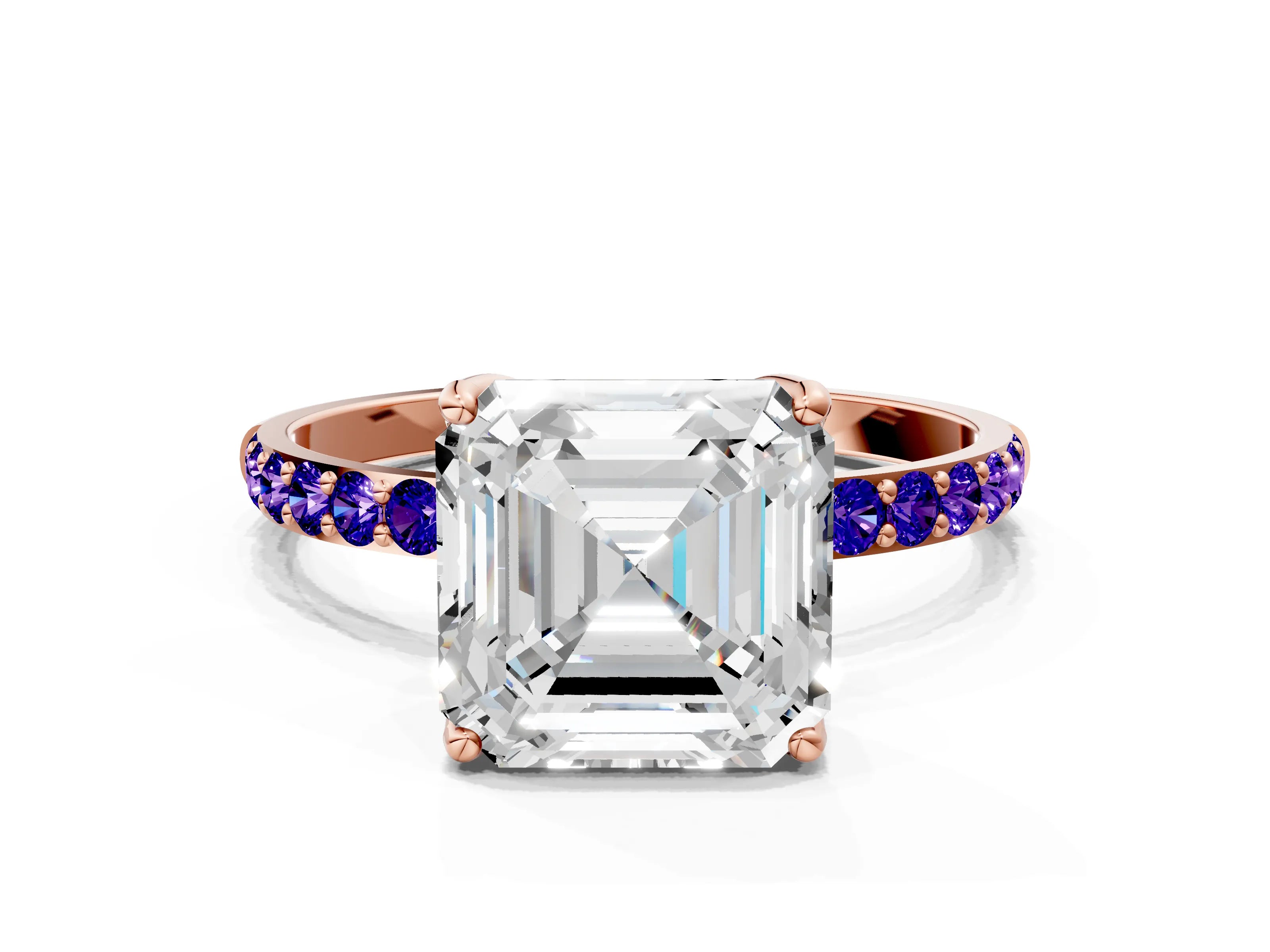 Rose gold Asscher Cut Diamond Solitaire Engagement Ring with Round with Tanzanite side stone Pavé Band and Prong Setting