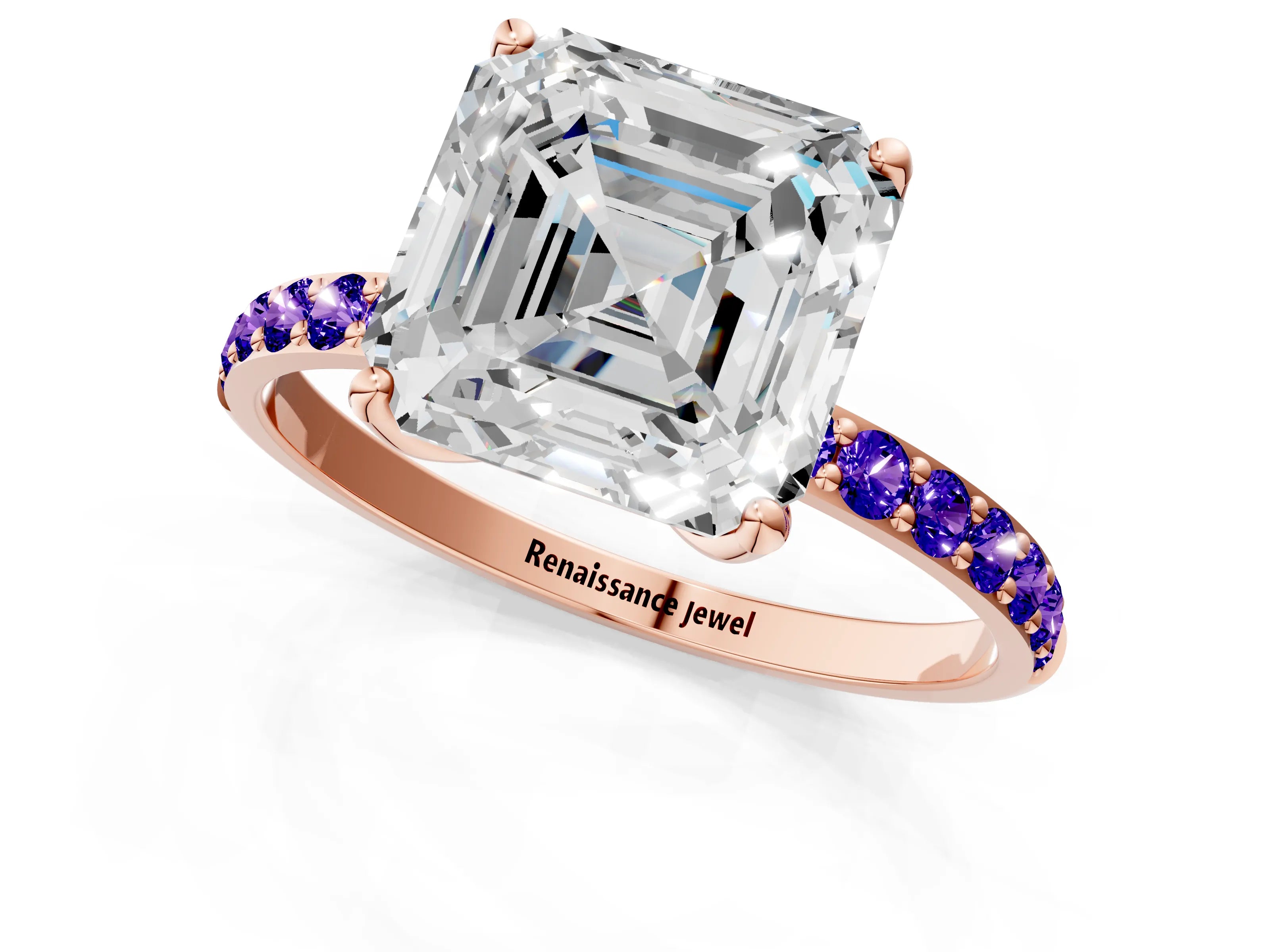 Rose gold Asscher Cut Diamond Solitaire Engagement Ring with Round with Tanzanite side stone Pavé Band and Prong Setting_1