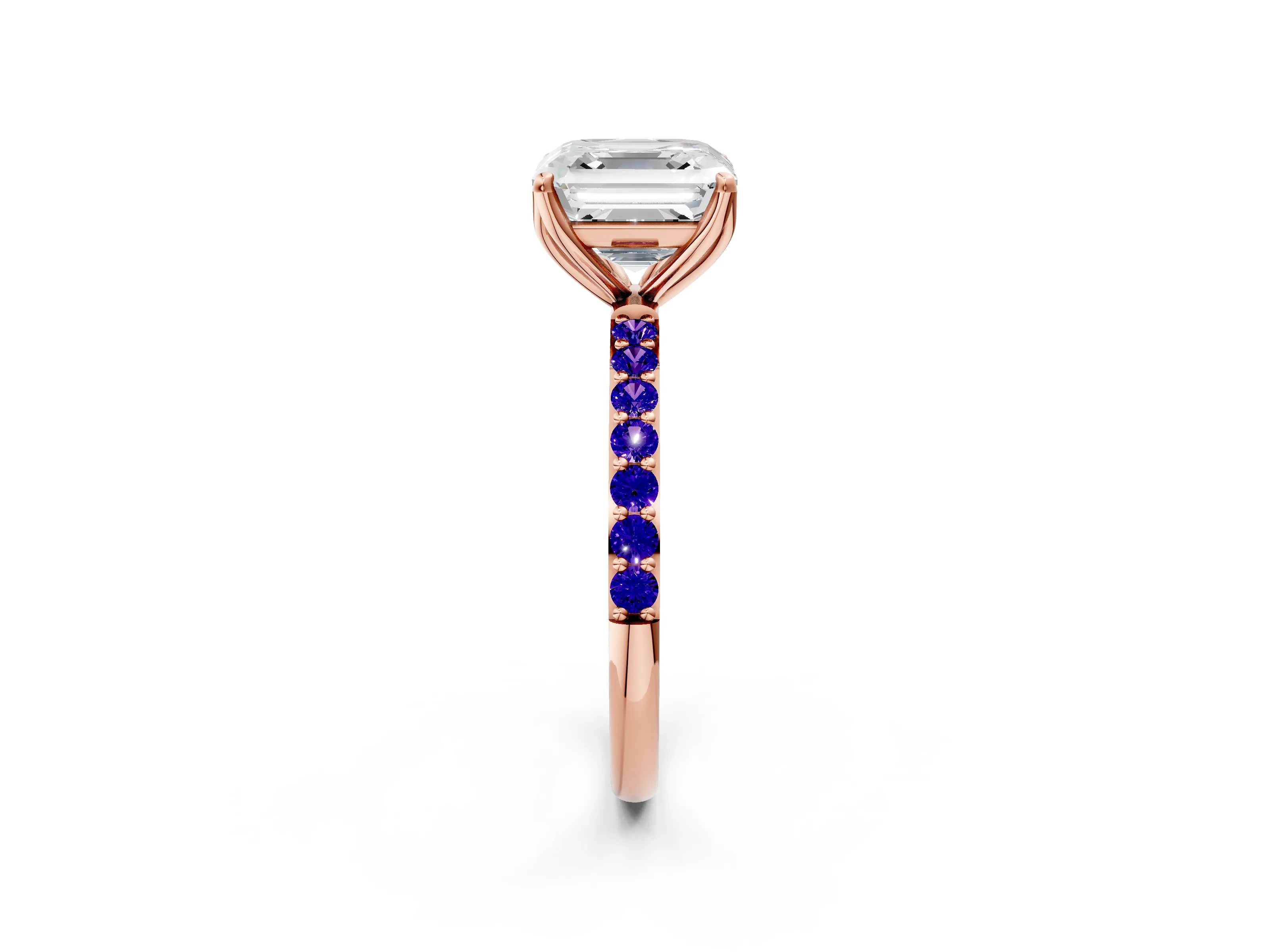 Rose gold Asscher Cut Diamond Solitaire Engagement Ring with Round with Tanzanite side stone Pavé Band and Prong Setting_2