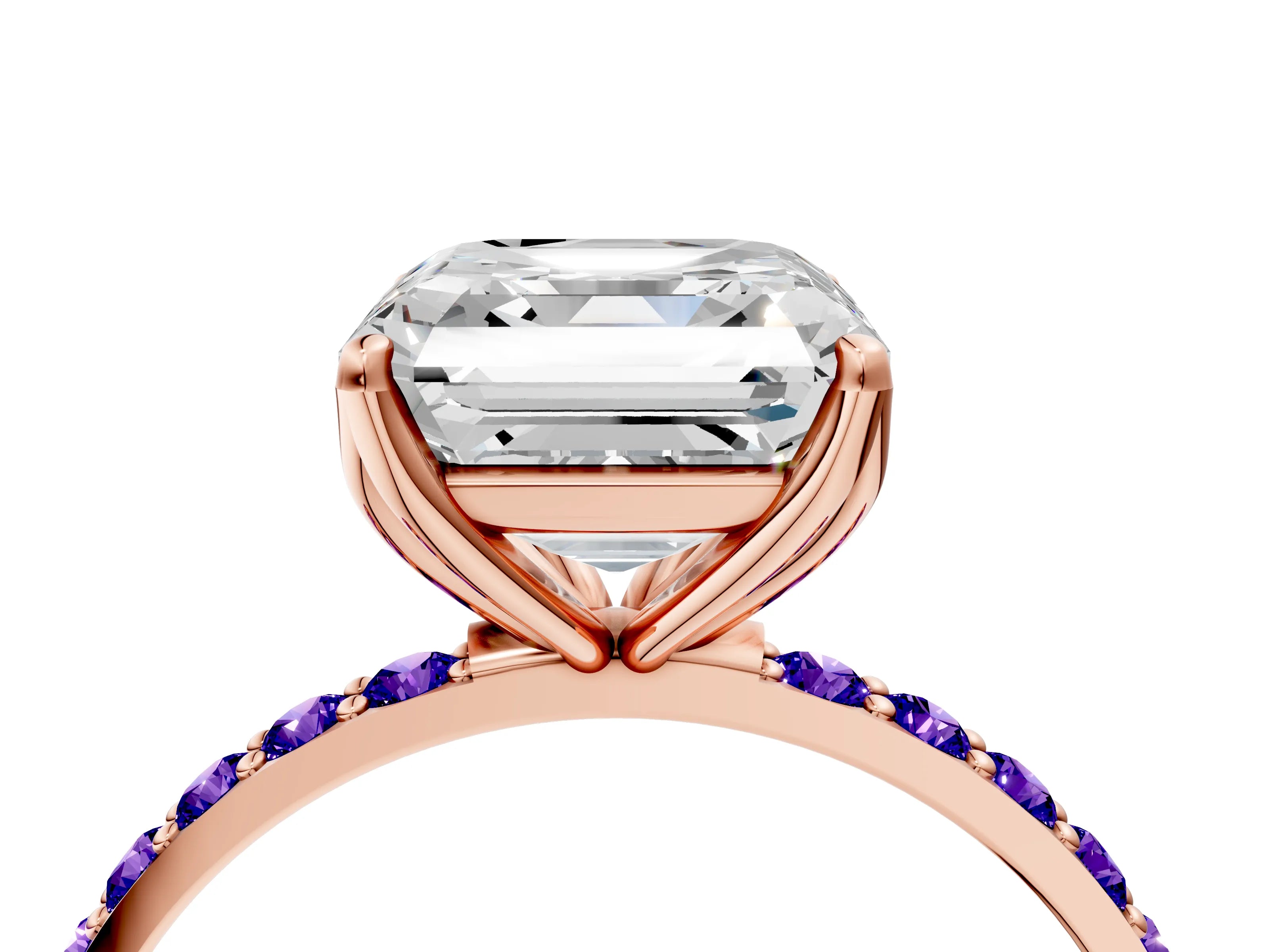 Rose gold Asscher Cut Diamond Solitaire Engagement Ring with Round with Tanzanite side stone Pavé Band and Prong Setting_4