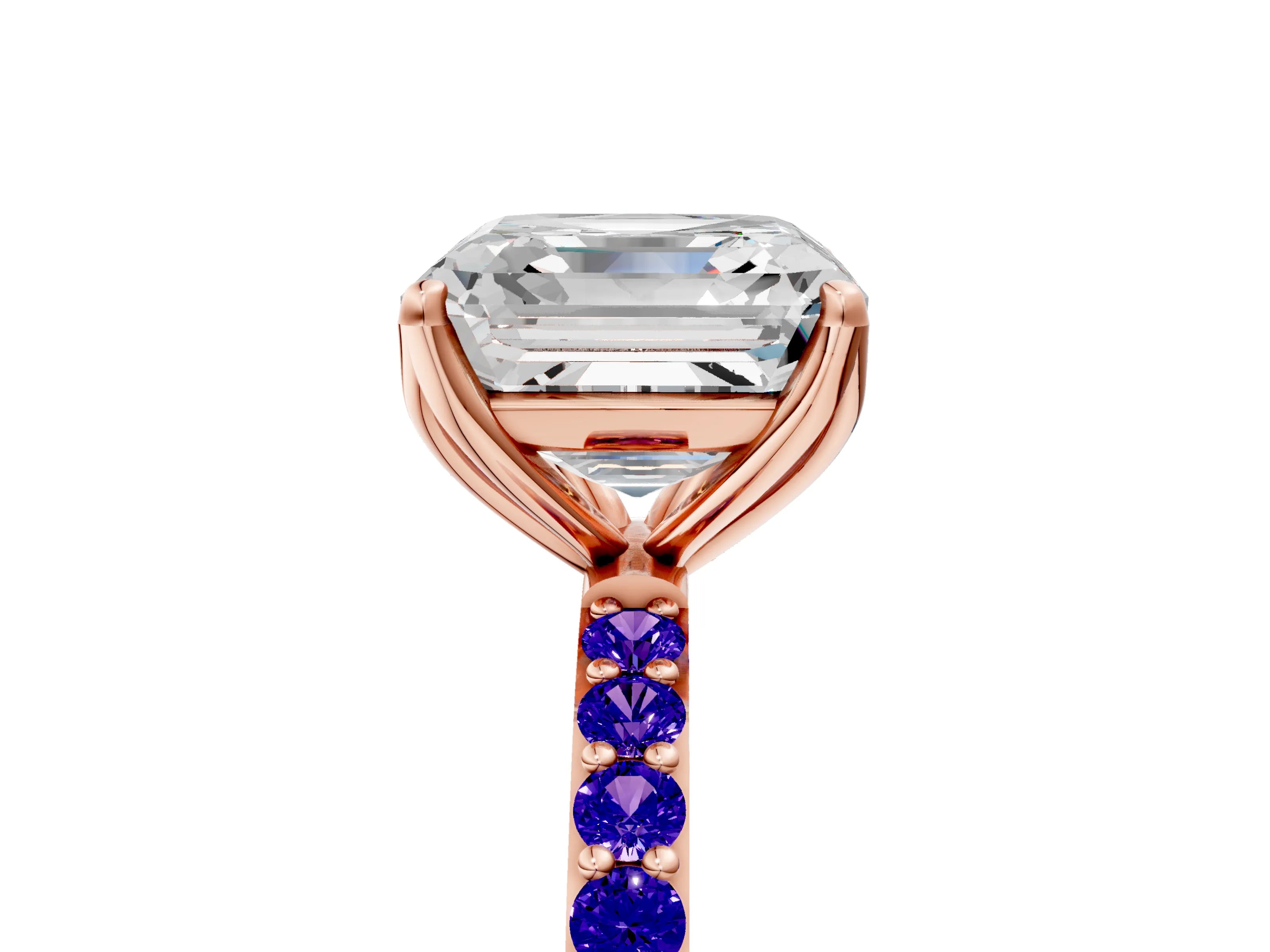 Rose gold Asscher Cut Diamond Solitaire Engagement Ring with Round with Tanzanite side stone Pavé Band and Prong Setting_5