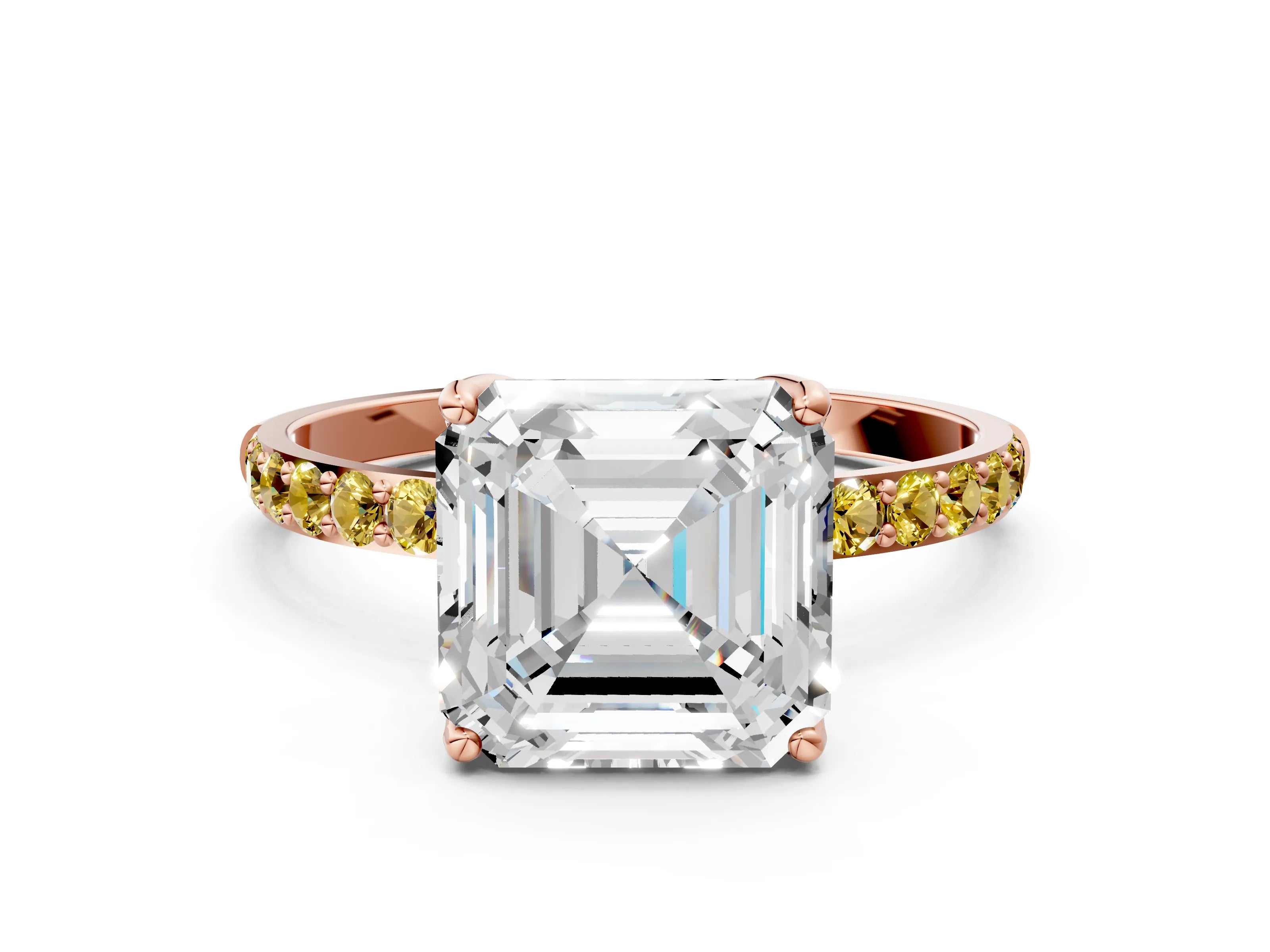 Rose gold Asscher Cut Diamond Solitaire Engagement Ring with Round with Yellow Sapphire side stone Pavé Band and Prong Setting