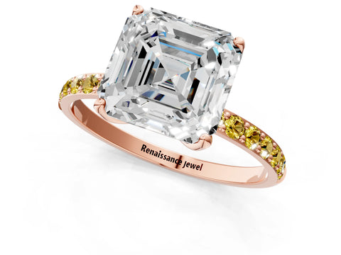 Rose gold Asscher Cut Diamond Solitaire Engagement Ring with Round with Yellow Sapphire side stone Pavé Band and Prong Setting_1