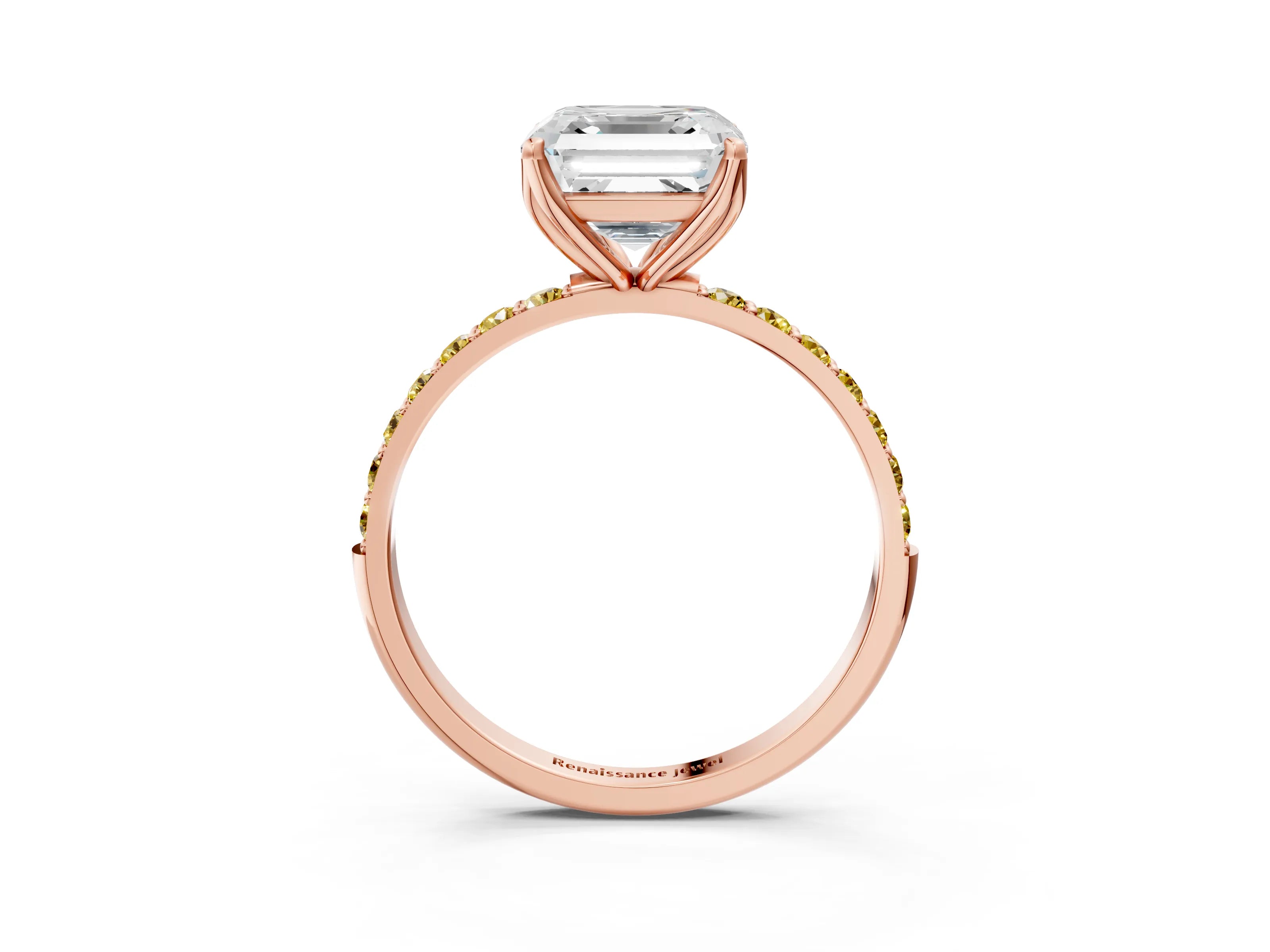 Rose gold Asscher Cut Diamond Solitaire Engagement Ring with Round with Yellow Sapphire side stone Pavé Band and Prong Setting_3