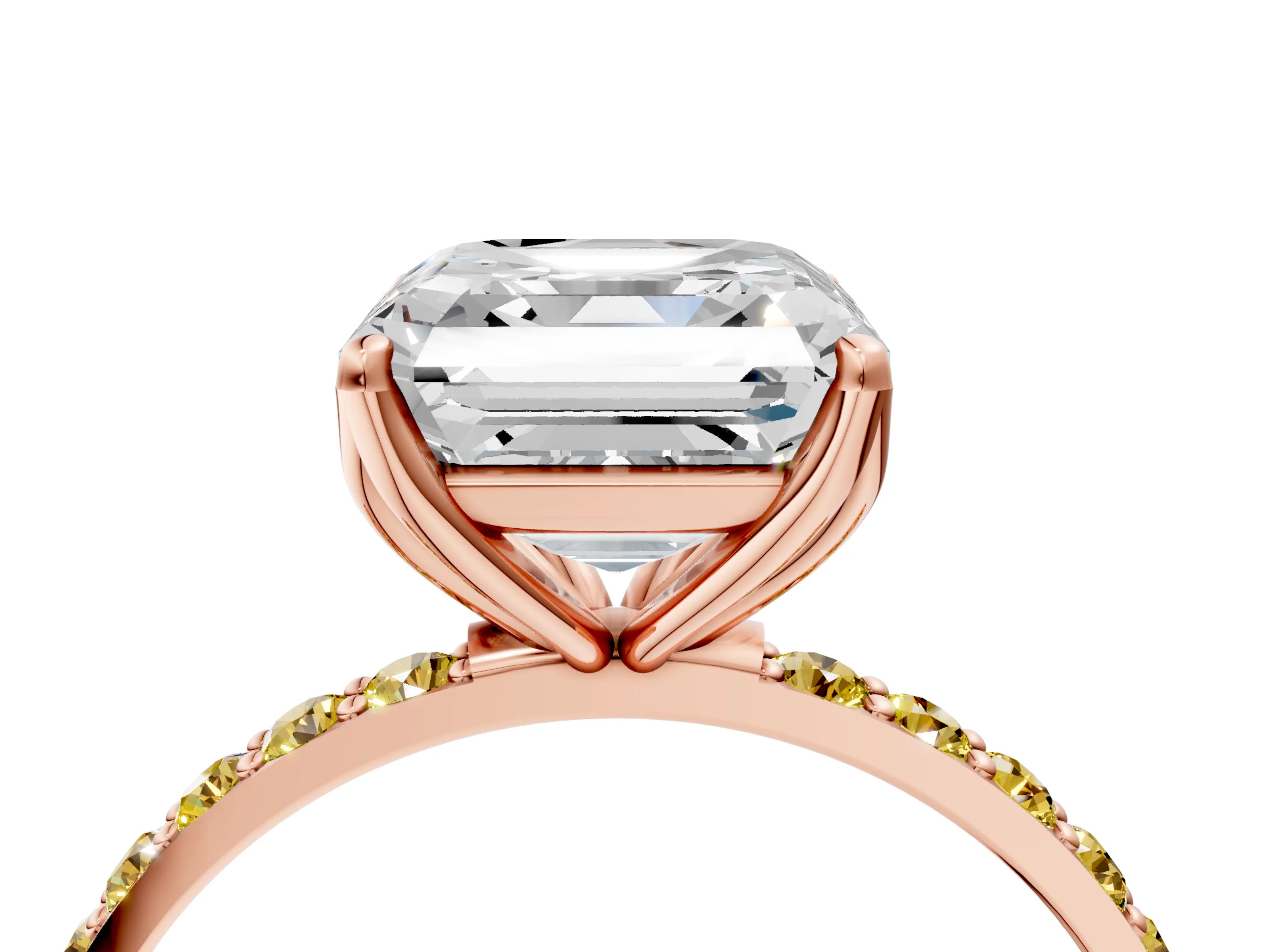 Rose gold Asscher Cut Diamond Solitaire Engagement Ring with Round with Yellow Sapphire side stone Pavé Band and Prong Setting_4