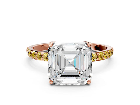 Rose gold Asscher Cut Diamond Solitaire Engagement Ring with Round with Yellow Sapphire side stone Pavé Band and Prong Setting