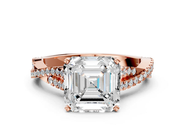 Rose Gold Asscher Cut Solitaire Engagement Ring Setting with Twisted Split Pave Band