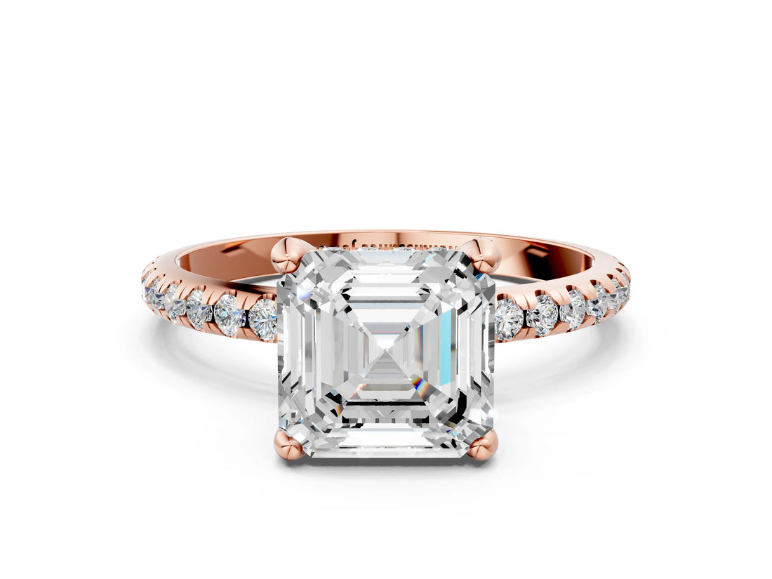 Rose gold Asscher Cut Diamond Solitaire Ring with Four-Prong Setting and Pavé Band_3