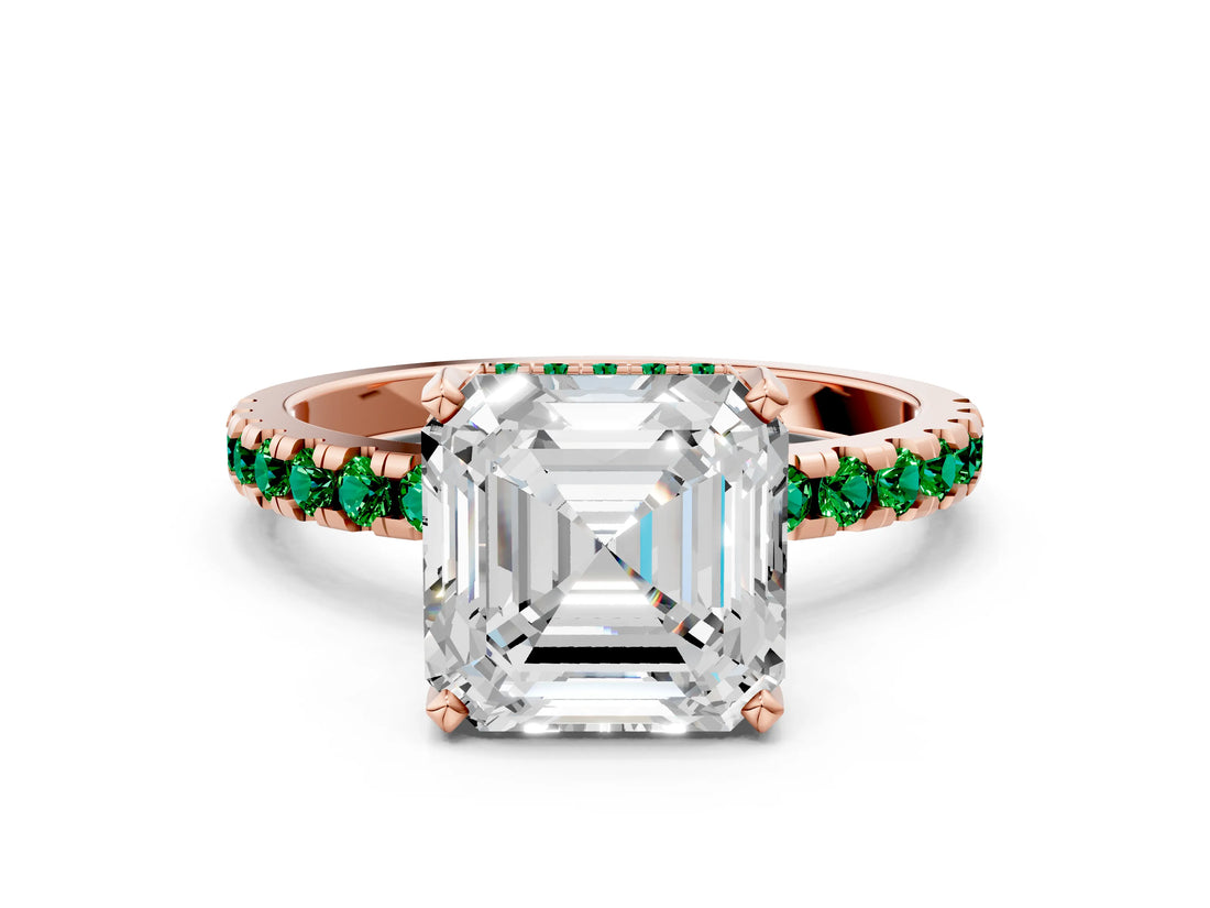 Rose gold Asscher Cut Diamond Solitaire Ring with Pavé Band and Four-Prong Setting