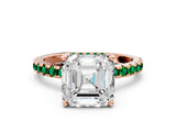 Rose gold Asscher Cut Diamond Solitaire Ring with Pavé Band and Four-Prong Setting