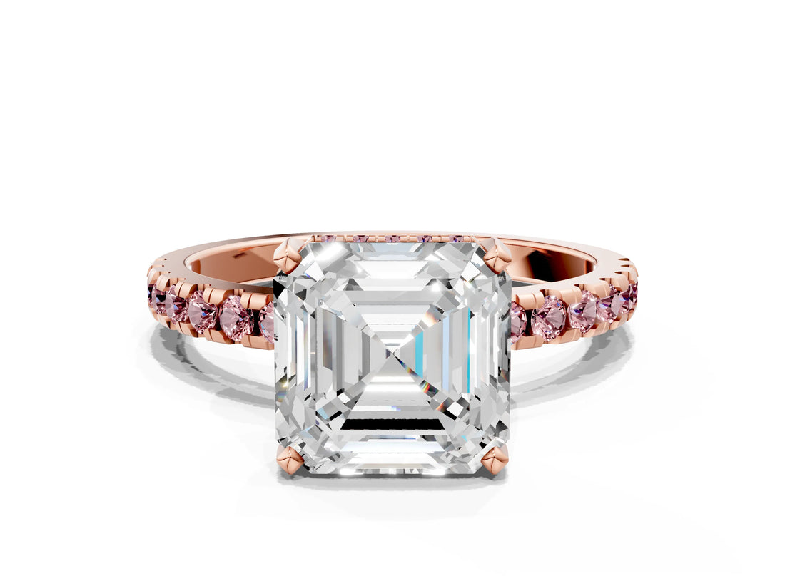 Rose gold Asscher Cut Diamond Solitaire Ring with Pavé Band and Four-Prong Setting