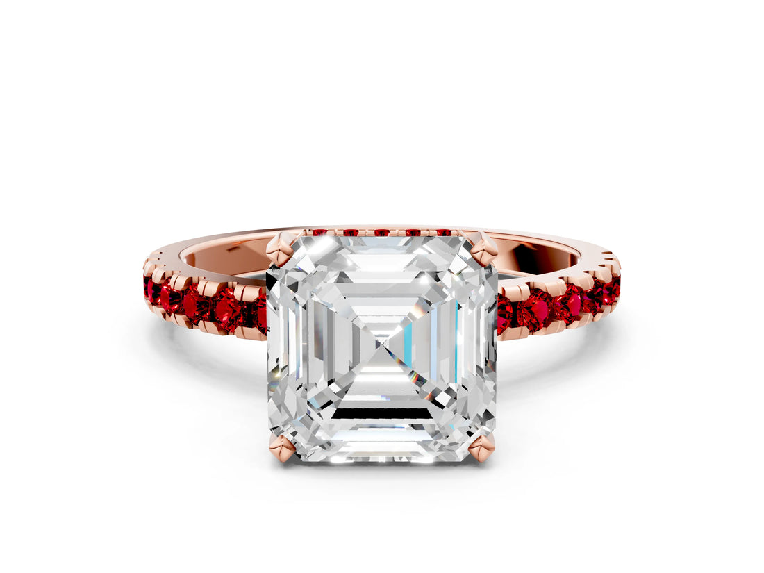 Rose gold Asscher Cut Diamond Solitaire Ring with Pavé Band and Four-Prong Setting