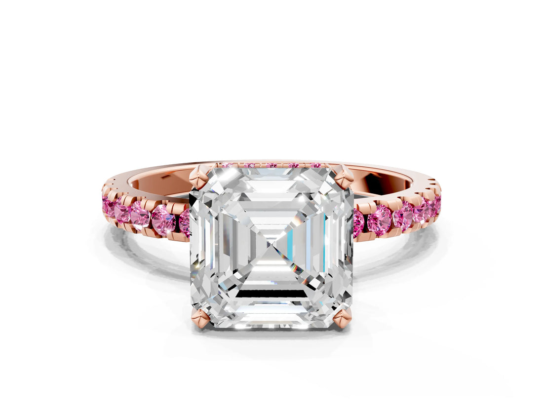 Rose gold Asscher Cut Diamond Solitaire Ring with Pavé Band and Four-Prong Setting