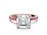 Rose gold Asscher Cut Diamond Solitaire Ring with Pavé Band and Four-Prong Setting