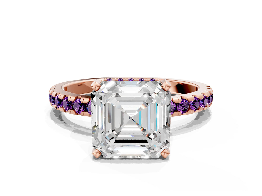 Rose gold Asscher Cut Diamond Solitaire Ring with Pavé Band and Four-Prong Setting