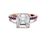 Rose gold Asscher Cut Diamond Solitaire Ring with Pavé Band and Four-Prong Setting