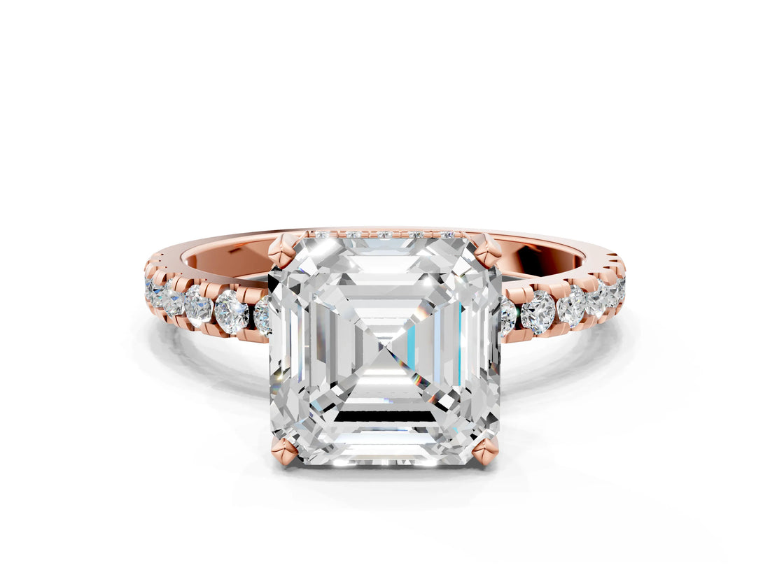 Rose gold Asscher Cut Diamond Solitaire Ring with Pavé Band and Four-Prong Setting