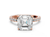 Rose gold Asscher Cut Diamond Solitaire Ring with Pavé Band and Four-Prong Setting