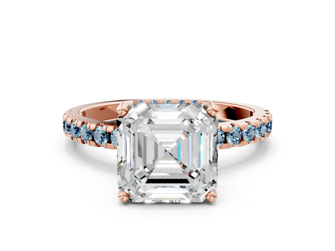 Rose gold Asscher Cut Diamond Solitaire Ring with Pavé Band and Four-Prong Setting
