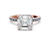 Rose gold Asscher Cut Diamond Solitaire Ring with Pavé Band and Four-Prong Setting