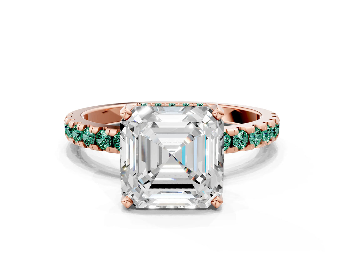 Rose gold Asscher Cut Diamond Solitaire Ring with Pavé Band and Four-Prong Setting