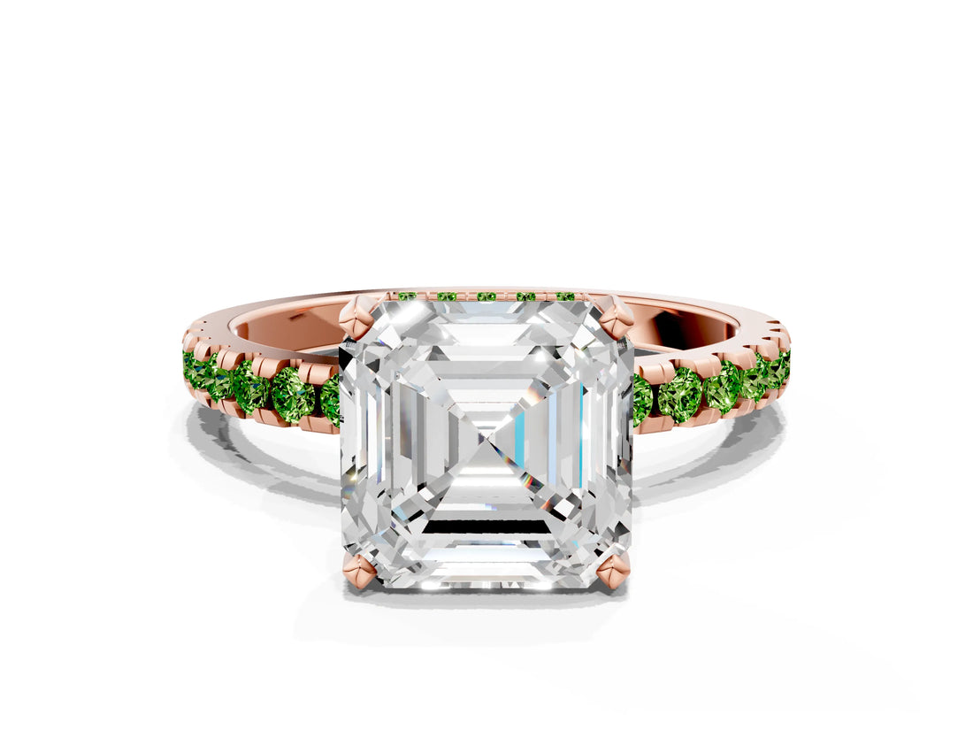 Rose gold Asscher Cut Diamond Solitaire Ring with Pavé Band and Four-Prong Setting