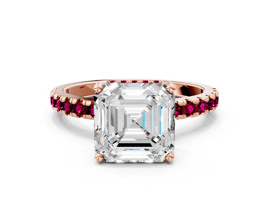 Rose gold Asscher Cut Diamond Solitaire Ring with Pavé Band and Four-Prong Setting