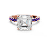 Rose gold Asscher Cut Diamond Solitaire Ring with Pavé Band and Four-Prong Setting