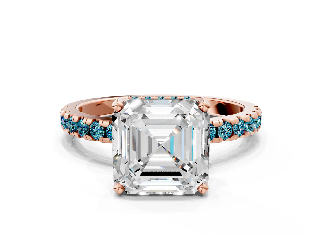 Rose gold Asscher Cut Diamond Solitaire Ring with Pavé Band and Four-Prong Setting