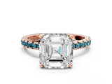 Rose gold Asscher Cut Diamond Solitaire Ring with Pavé Band and Four-Prong Setting