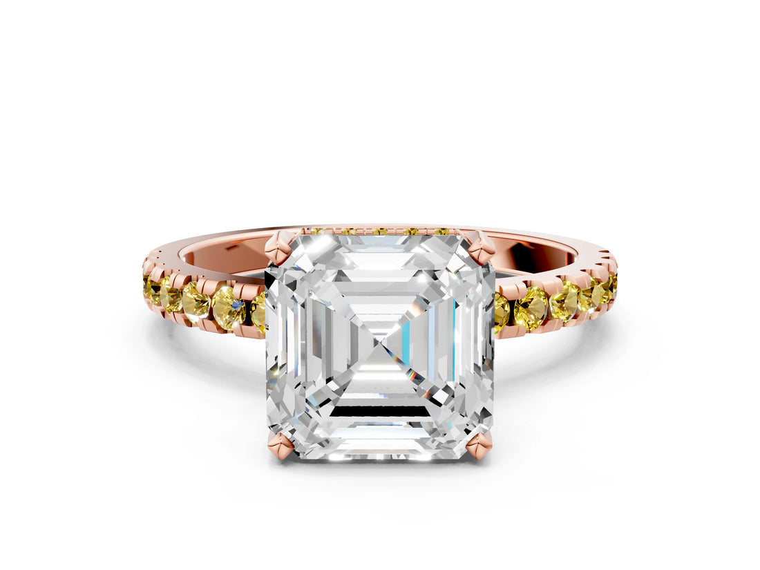 Rose gold Asscher Cut Diamond Solitaire Ring with Pavé Band and Four-Prong Setting