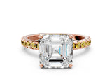 Rose gold Asscher Cut Diamond Solitaire Ring with Pavé Band and Four-Prong Setting